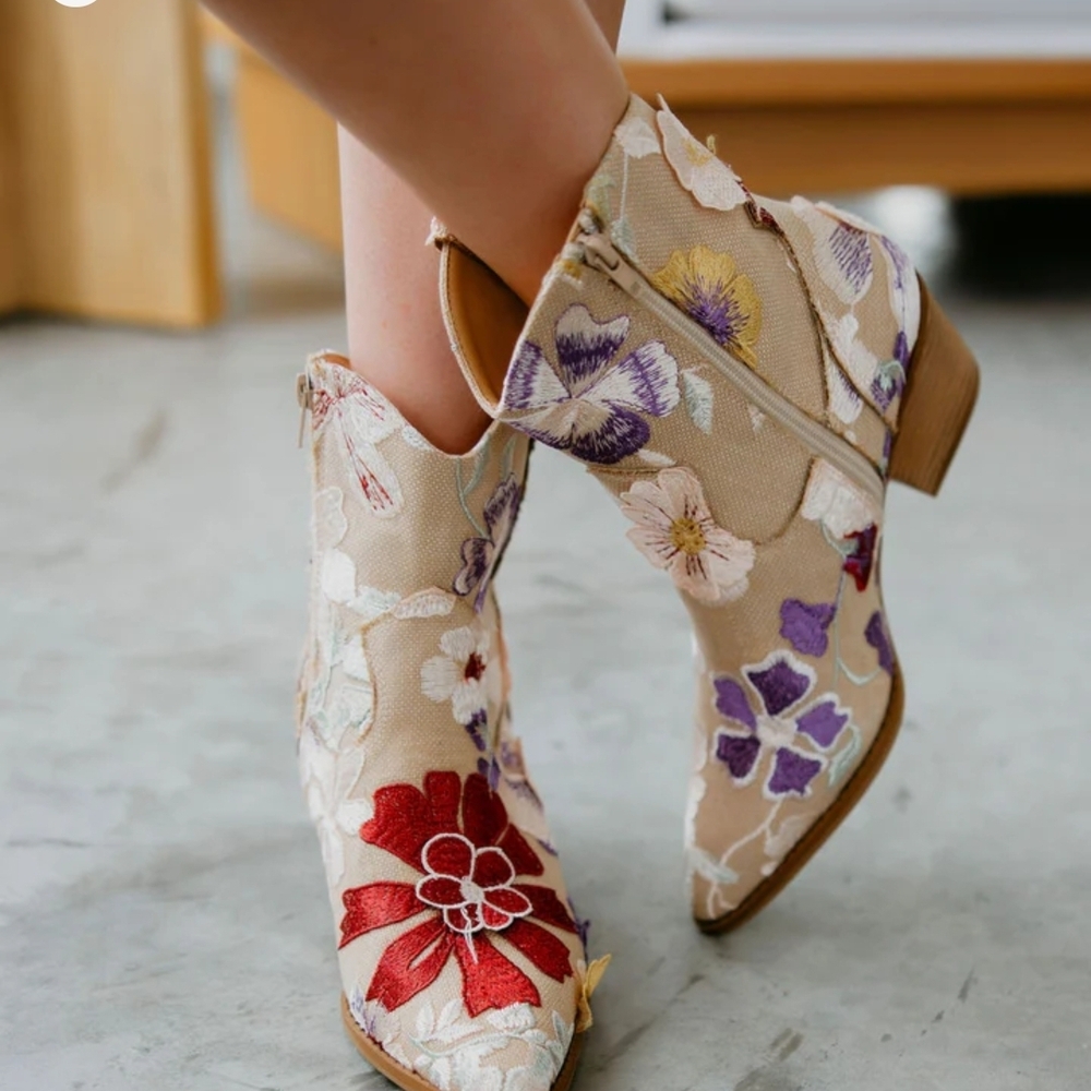 Embroidered Applique Beige Floral Ankle Booties with Red & Purple Accents